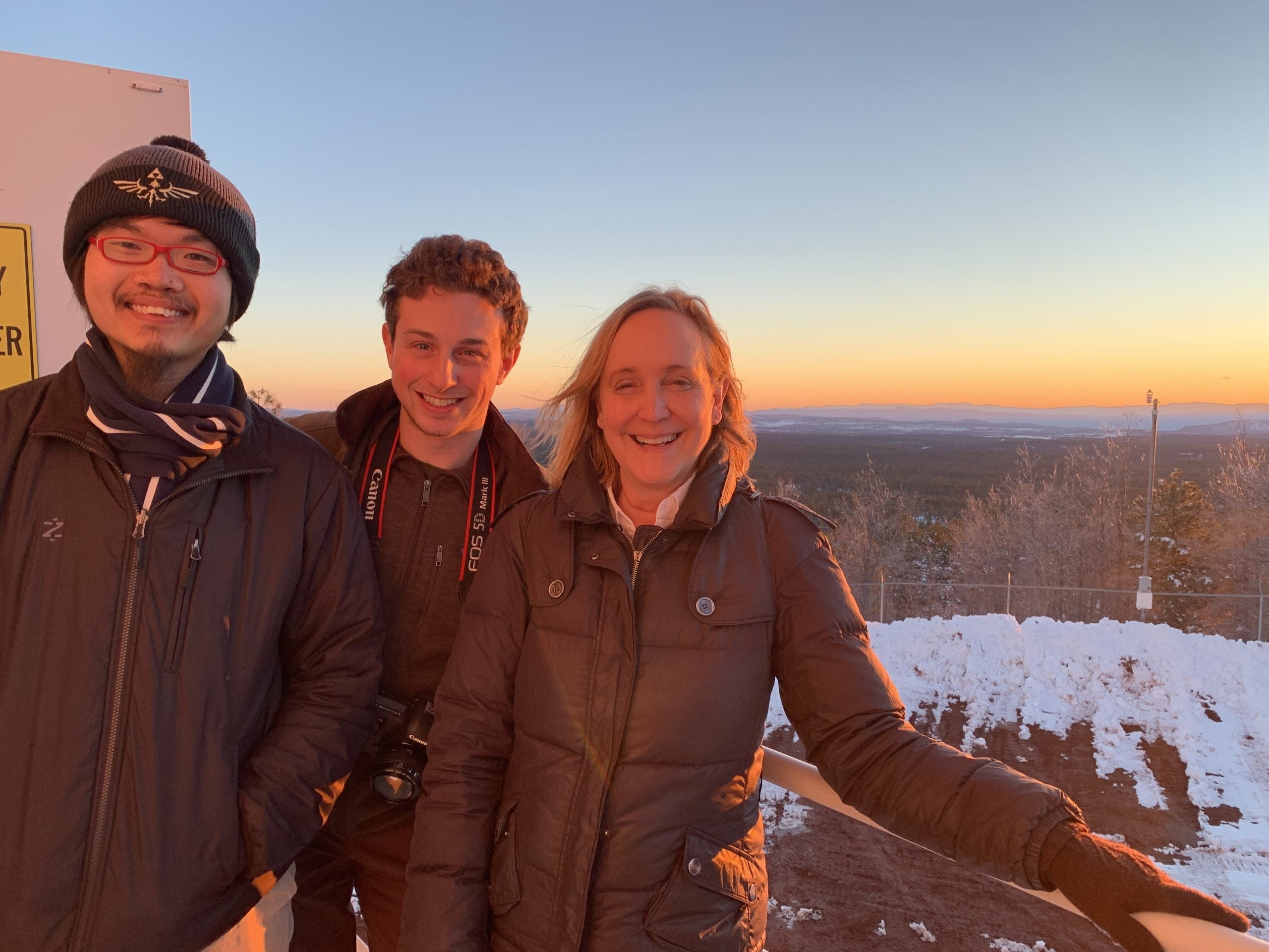 Joel with fellow graduate student Sam Cabot and Prof Debra Fischer (discoverer of many an extrasolar planet!) at the Lowell Discovery Telescope at sunset