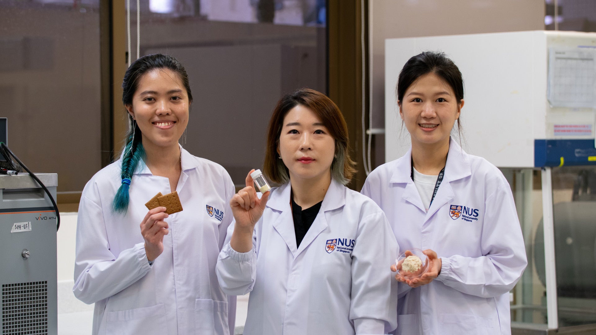Asst Prof Kim Jung Eun (centre) together with Dr Delia Lee (left) and PhD student Ms Xu Yujing (right) developed biscuits containing okara. A by-product of tofu production, okara is high in dietary fibre and improves overall gut health.