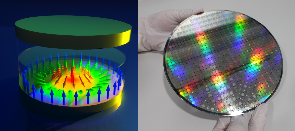 (Left) Artist rendition of the skyrmionic microelectronic device. (Right) 200 mm device wafer containing over 100,000 skyrmion microelectronic devices (Credit: A*STAR and NUS)