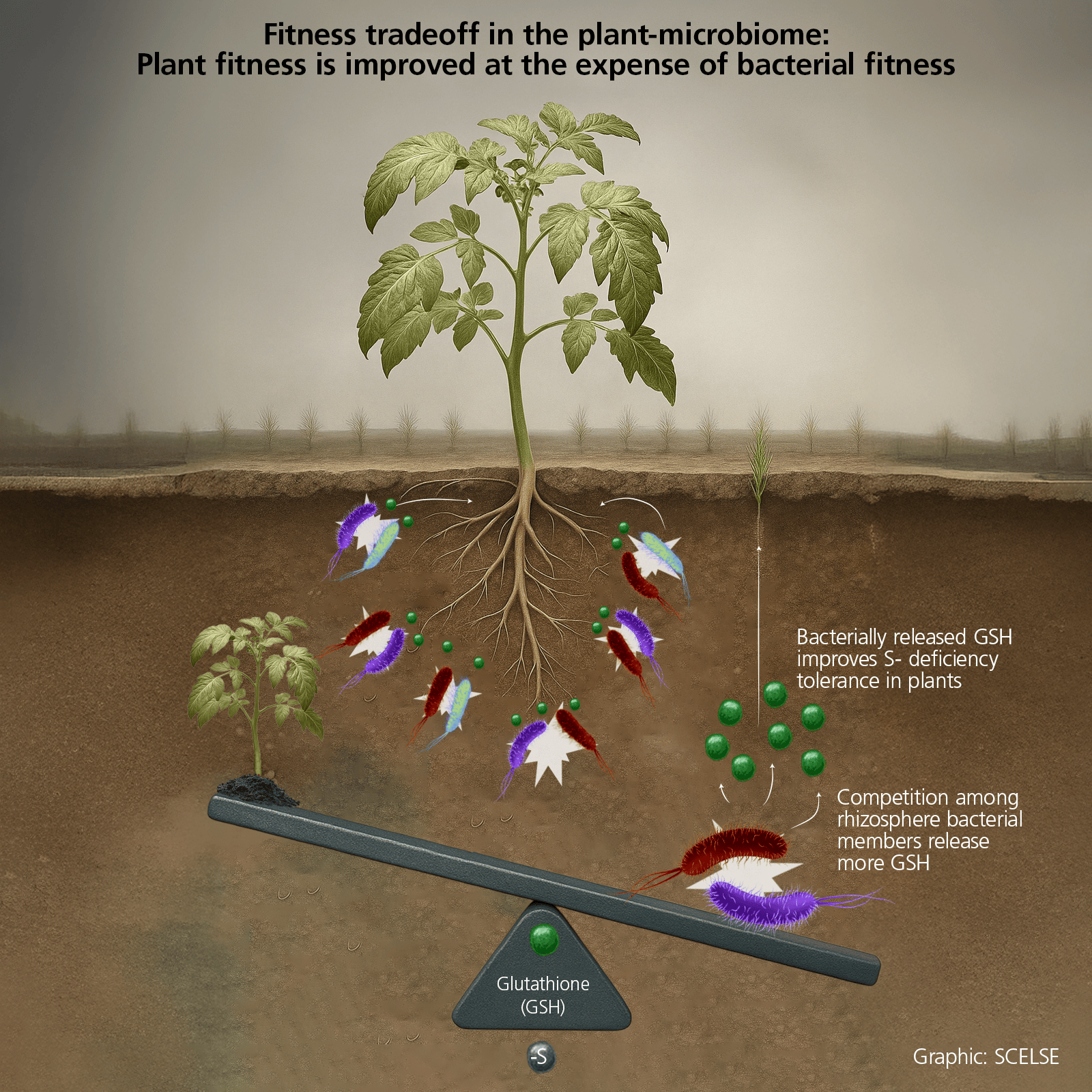 The researchers found that soil microbes competing with each other release glutathione which enhances plant growth under sulphur-deficient conditions. (Image credit: Adapted from SCELSE)